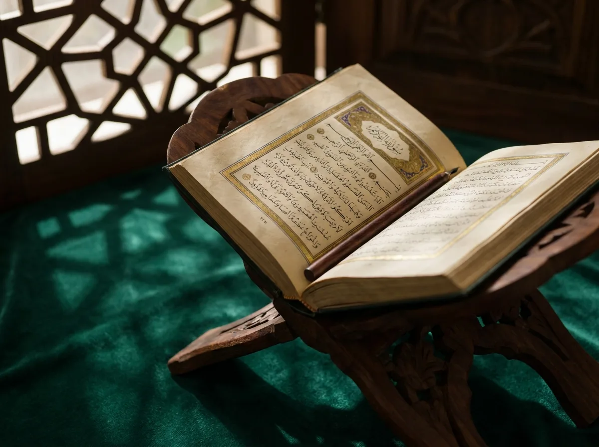 Aufgeschlagener Quran auf einem Rahle-Ständer im warmen Licht